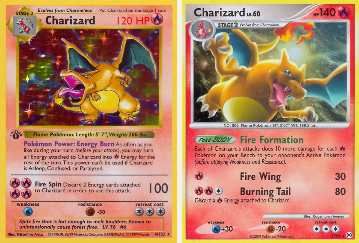 Twee kaarten naast elkaar: links de Charizard uit de Base Set van 1999 met het stempel Edition 1 en het nummer 4/102, rechts een Charizard uit Platinum: Arceus van 2009 met het nummer 1/99