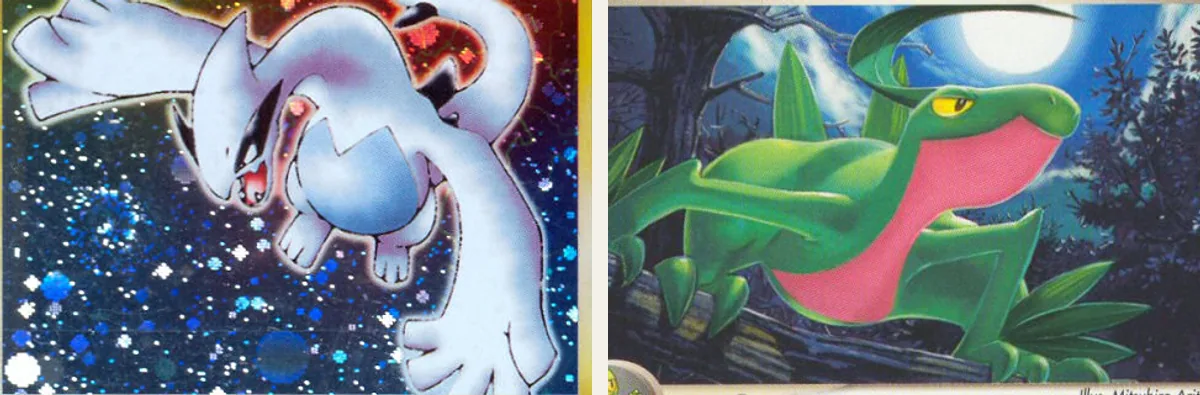 Twee plaatjes naast elkaar: links het glimmende holo-plaatje van Lugia uit Neo Genesis met sterretjes in de achtergrond, rechts het matte plaatje van Grovyle uit EX Emerald
