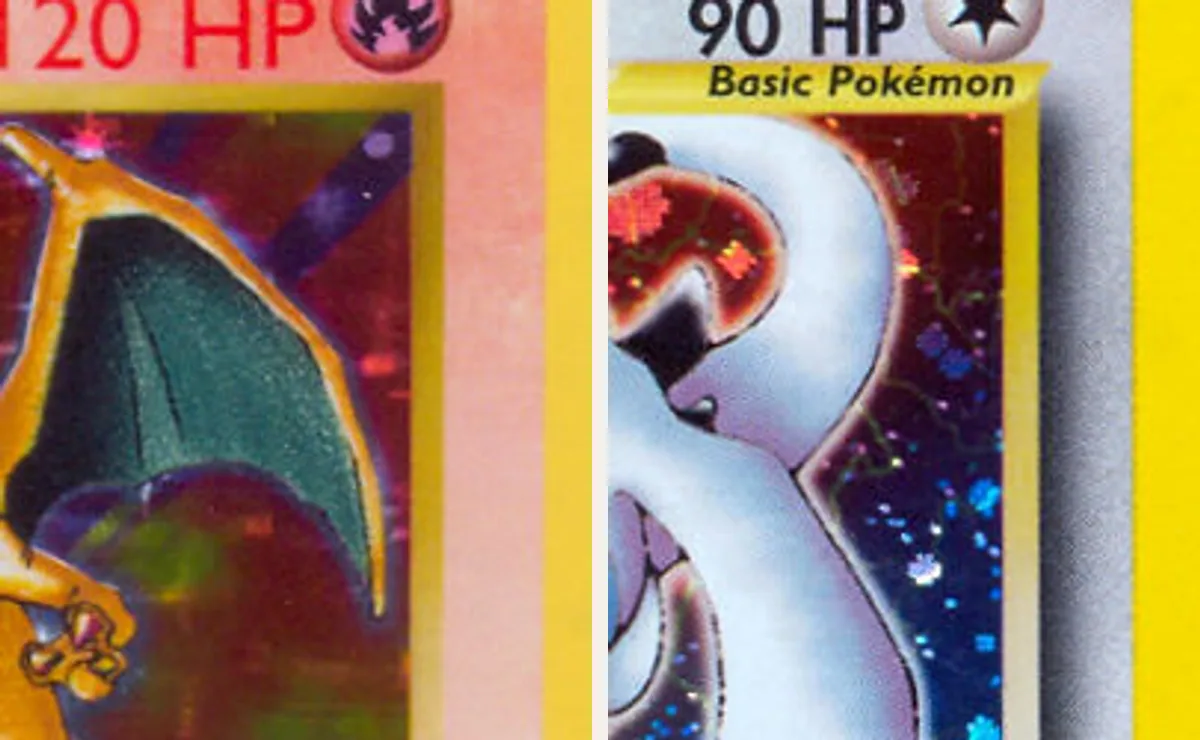 Twee uitsnedes van de rechterbovenhoek van het plaatje: links de Charizard uit de Base Set, eerste editie, zonder schaduw naast het kader; rechts de Lugia uit Neo Genesis met een grijze schaduw rechts van het kader